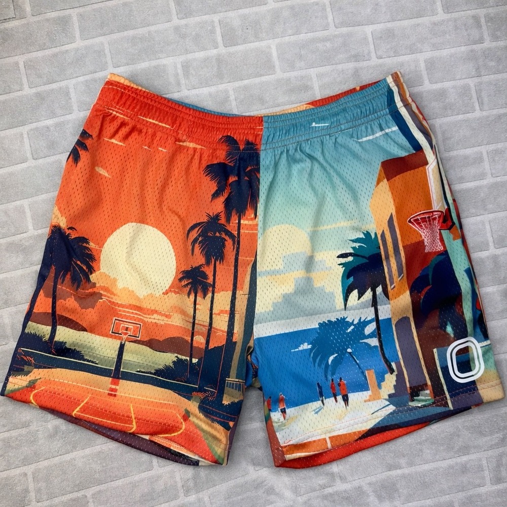 Overtime Mesh Basketball Shorts Mens Large Orange Blue Tropical Beach Graphic